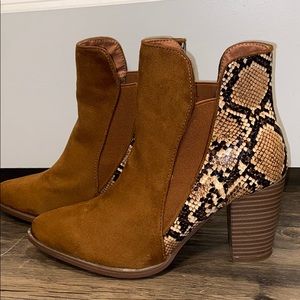Brown suede snake print booties